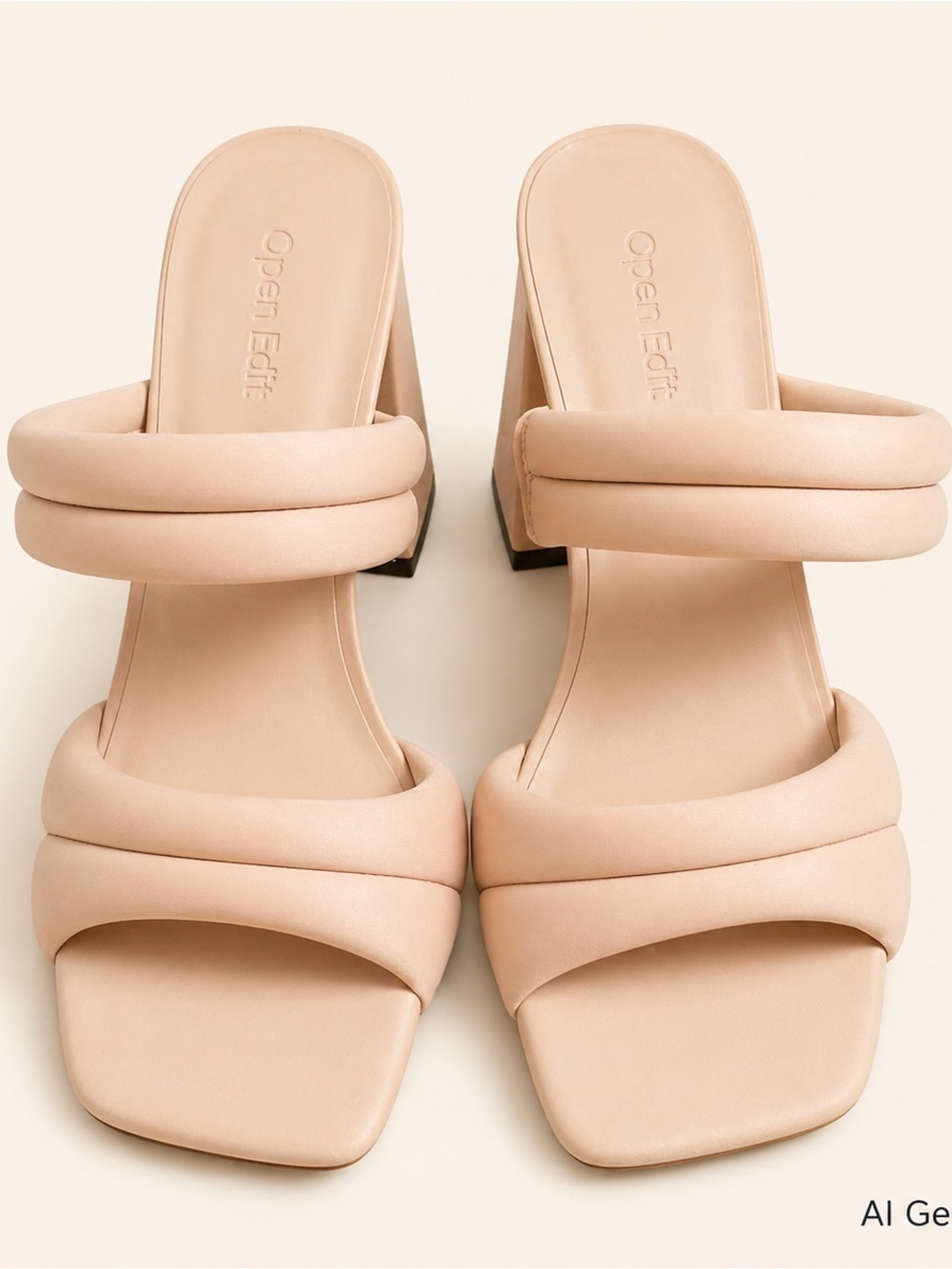 Open Edit Nude Padded Double-Strap Block Heel Mules